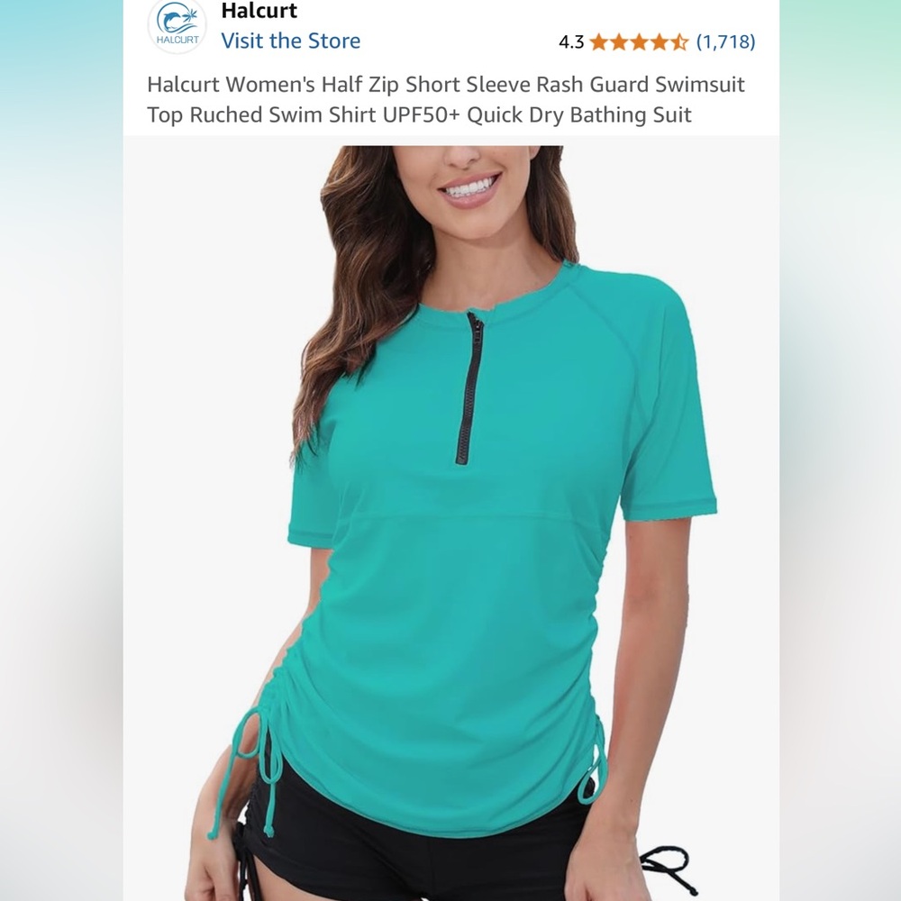 Blue Swim Shirt with Half-Zip V-Neck and Ruched Sides (A)